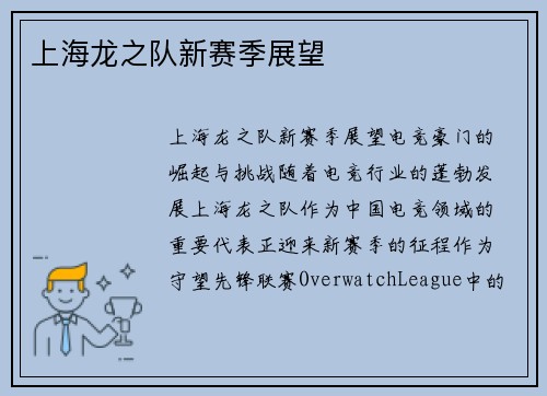 上海龙之队新赛季展望